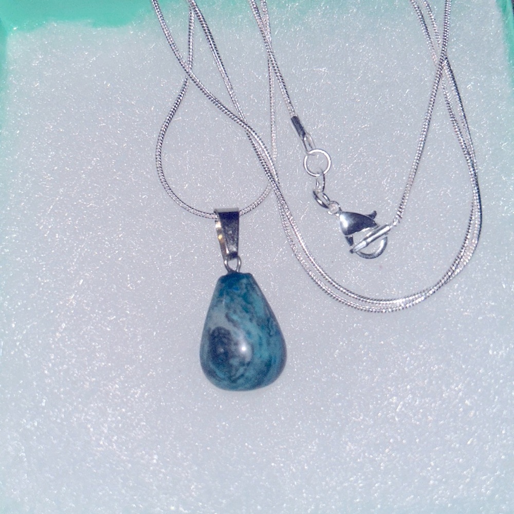Boho hippie Blue agate natural crystal silver 30” necklace